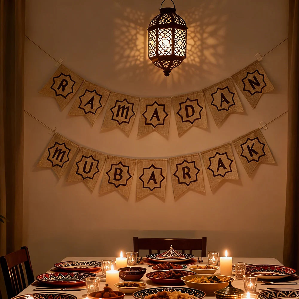 Ramadan mubarak Hessian Bunting Muslim Islamic Kareem Eid Al-Fitr home Dessert table wall Hanging decoration Sign backdrop gift