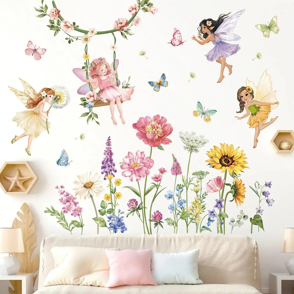 Cartoon Flower Fairy Swing Wall Decals Children Bedroom Butterfly Wildflower Sunflower Wall Stickers Baby Nursery Kids Decor