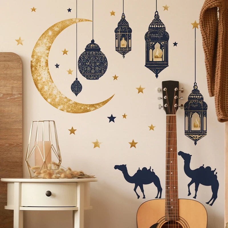 Ramadan Party Decorations Wall Stickers Islamic Muslim Party Background Decals Stickers Eid Mubarak Moon Star Decorationsرمضان