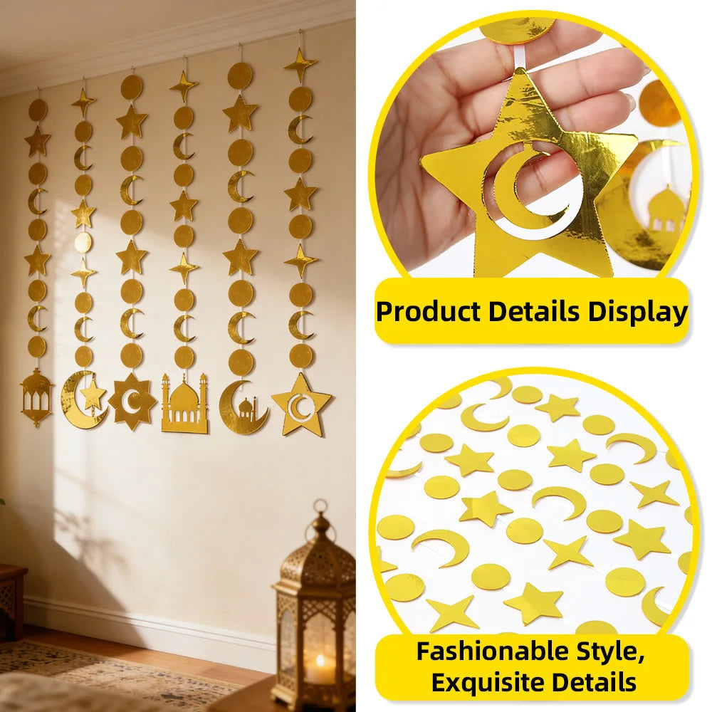 Gold Star Crescent Castle Hanging Garland - Ramadan Eid Party Decor - Moon Festival Streamer Ornament