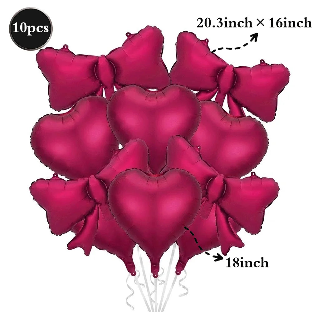 Red Heart-Shaped Balloon Metallic Burgundy Bow Balloon Set 10pcs Heart Foil Balloon Valentine's Day Wedding Birthday Party Decor