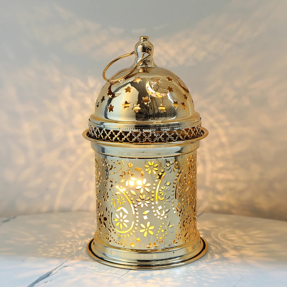 Gold Metal Lantern Lights Fancy Dome Ramadan Decoration Lamp With Music Eid Mubarak Home Decors Islamic Muslim Gifts Eid al-Fitr