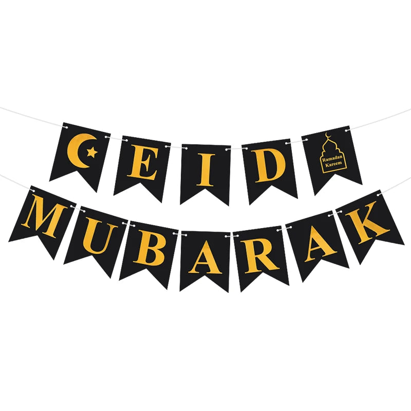 EID Mubarak Banner Glitter Star Moon Letter Paper Bunting Garland Islamic Muslim Party Ramadan Kareem Decorations for Home 2026