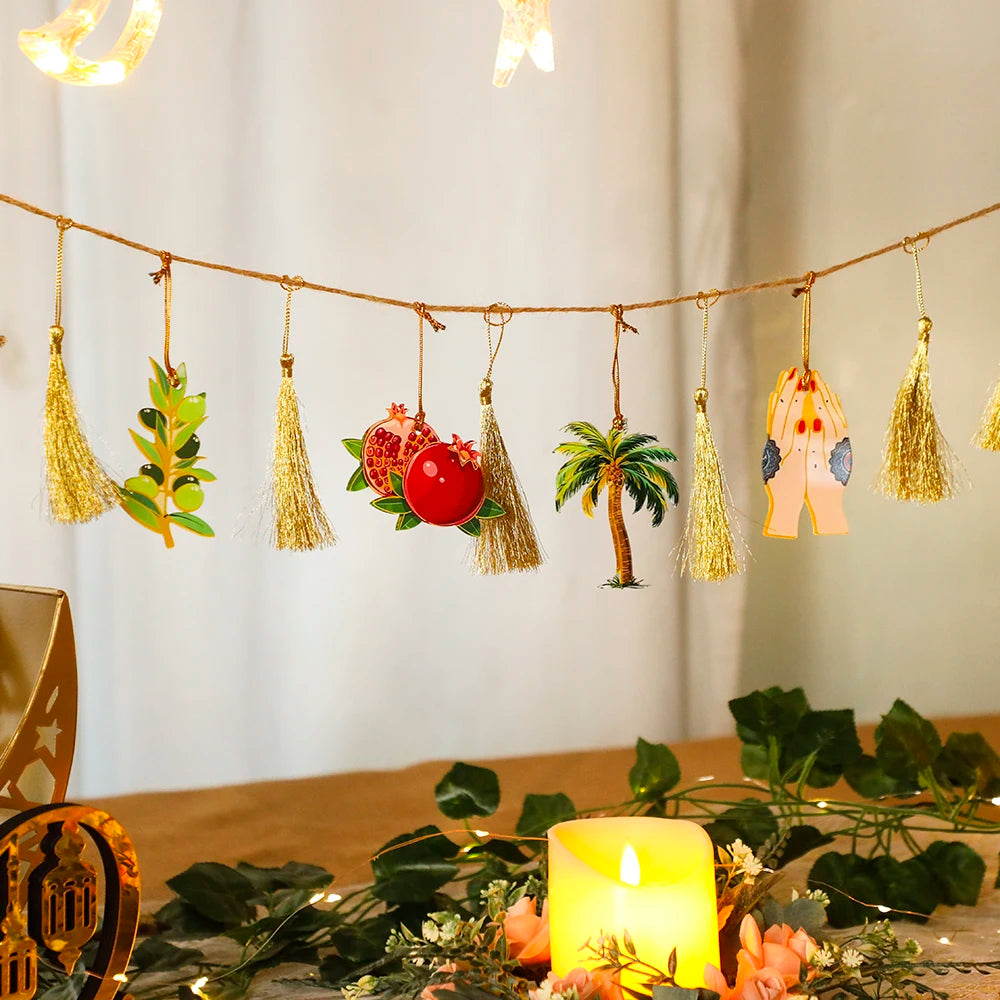 Ramadan Kareem Hanging Garland Islamic Camel Pomegranate Palm Moon Star Decor for Muslim Festival Home Party Wall Ornament Gifts