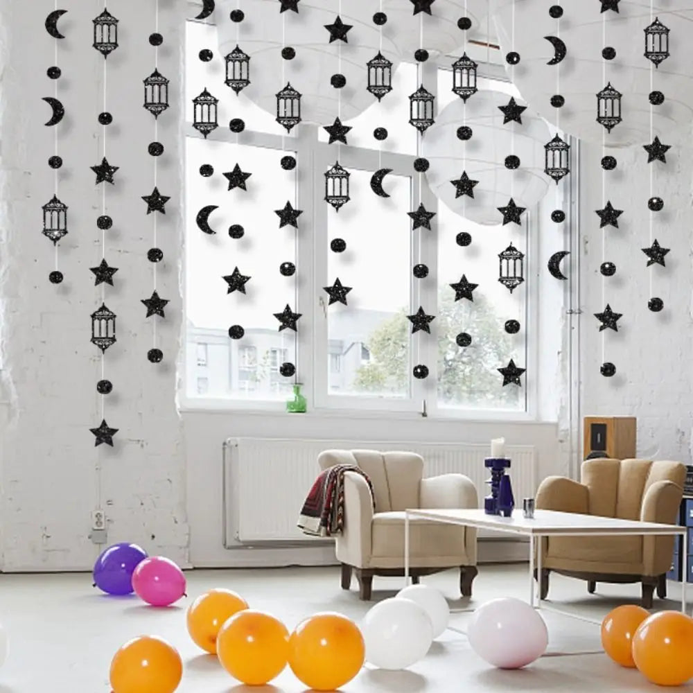 Gold Silver Eid Mubarak Banners Glitter Paper DIY Paper Ramadan Kareem Decor Pull Flag Ceiling Hanging Hang Garland