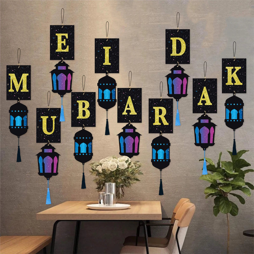 Eid Mubarak Banner with Lantern Tassels Ramadan Kareem Islamic Festival Party Decor Muslim Home Wall Hanging for Eid Adha Gifts