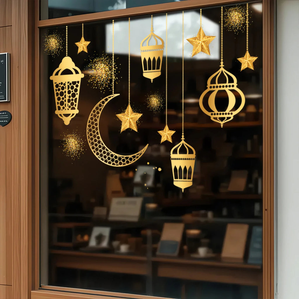 Ramadan Festival Stickers Star Moon Light Shadow Gold-Vermeil Wishing Removable Static Cling Home Decor Stickers