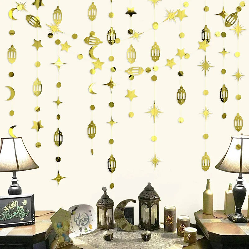 Gold Eid Mubarak Ramadan Decor Paper Star Moon Circle Dot Crescent Lamp Garland for Home Muslim Party Backdrop Banner Decoration