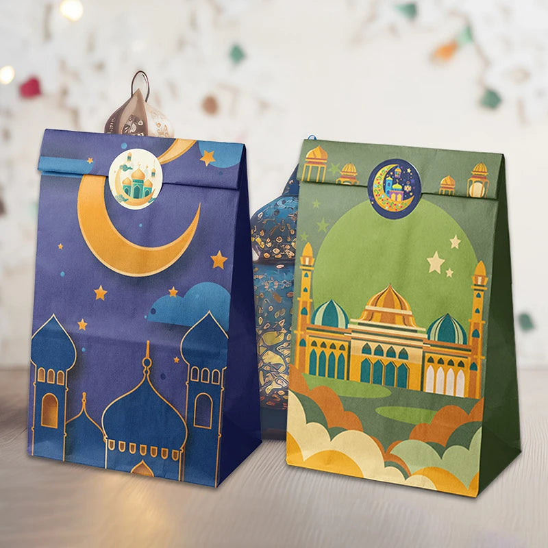 12/24Pcs Ramadan Party Decoration Eid Mubarak Gifts Bag with Stickers Gift Packaging Bags 2026 Islamic Muslim Party Supplies