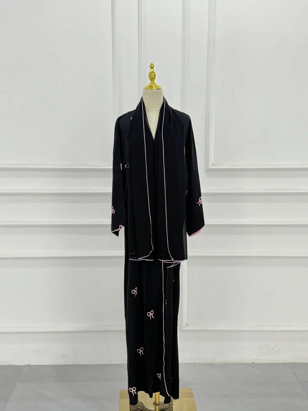 Arab Women Front Open Cardigan Scarf Burqa Islamic Bow Embroidery Robe Abaya Muslim Robe Ladies Loose Kaftan Clothing
