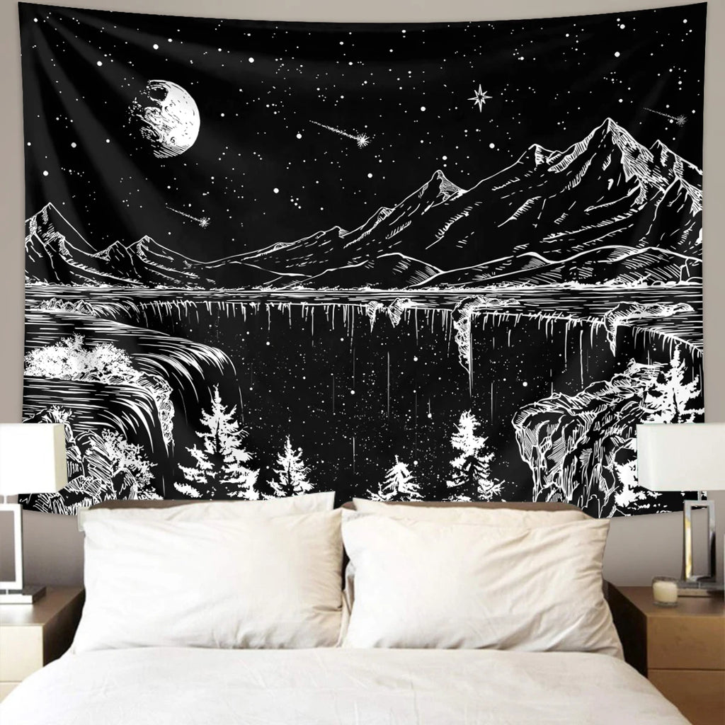 1pc Black and white abstract landscape tapestry, starry night mountain tapestry, bedroom aesthetic moon and star tapestry