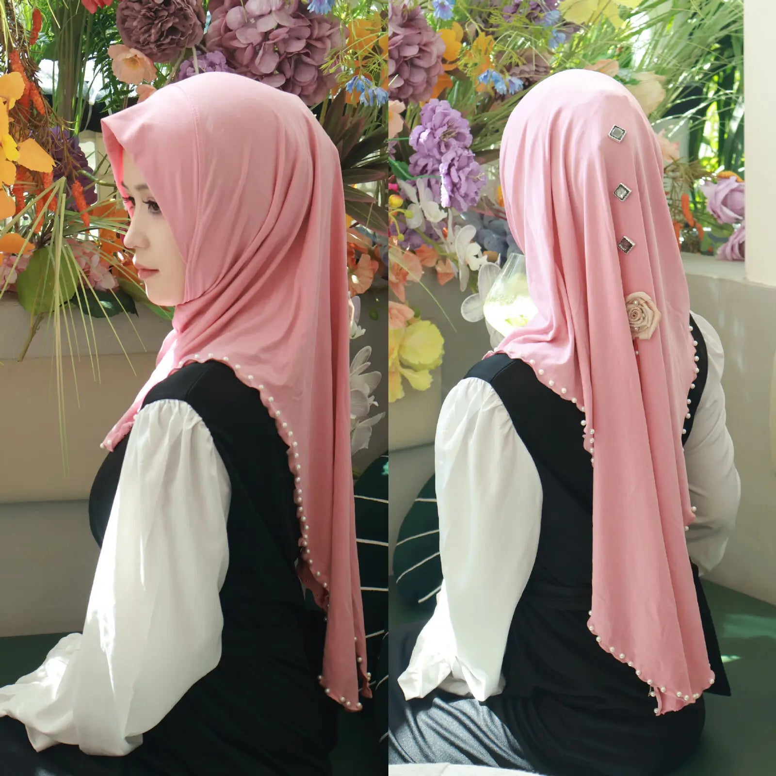 Women Fashion Beaded Headscarf Wear Directly Instant Hijab Arab Islamic Khimar Laides Shawls Eid Ramadan Turban