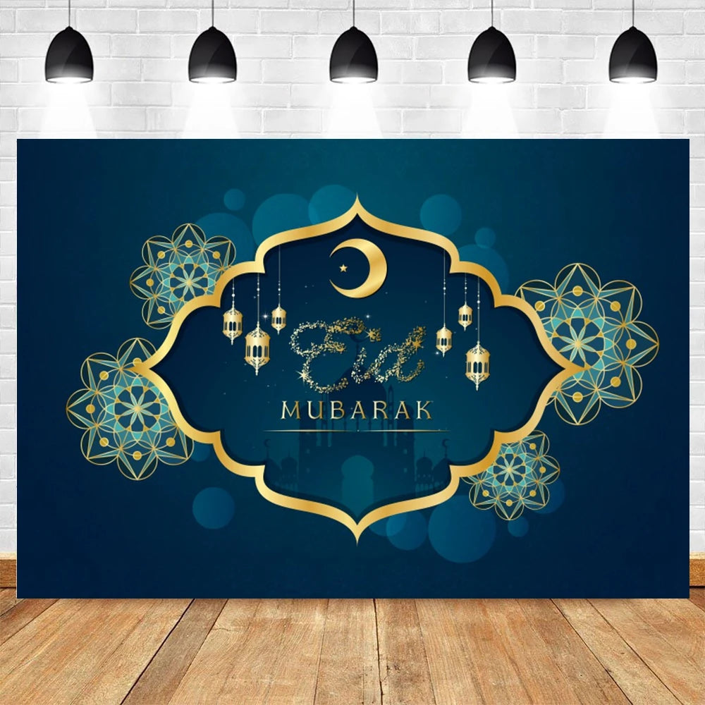 Ramadan Kareem Photography Backdrop EID Mubarak Islamic Mosque Lamps Moon Star White Cloud Photo Background Studio Poster Decor