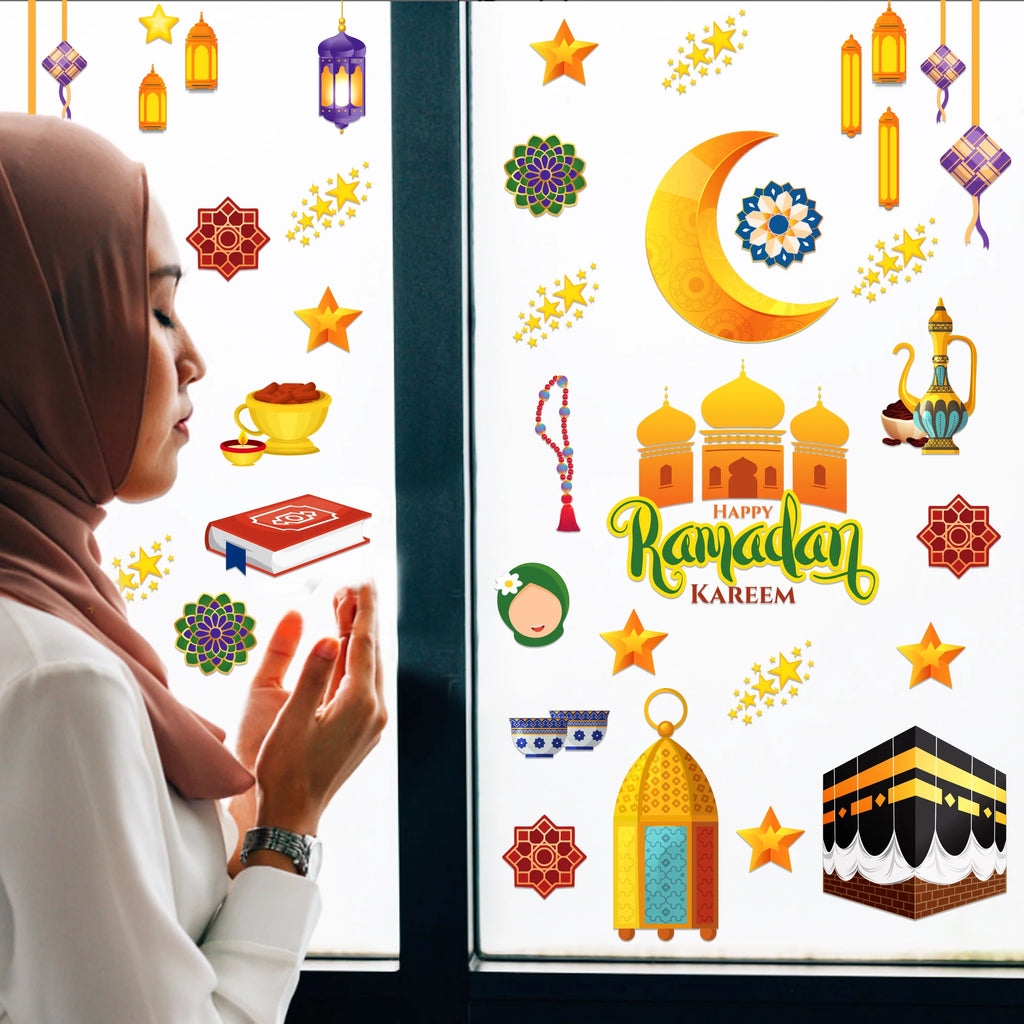 8 Sheets Eid Ramadan Party Window Static Stickers Decoration,Glass Clings Party Backdrops Decals For Eid al-Fitr Party Supplies