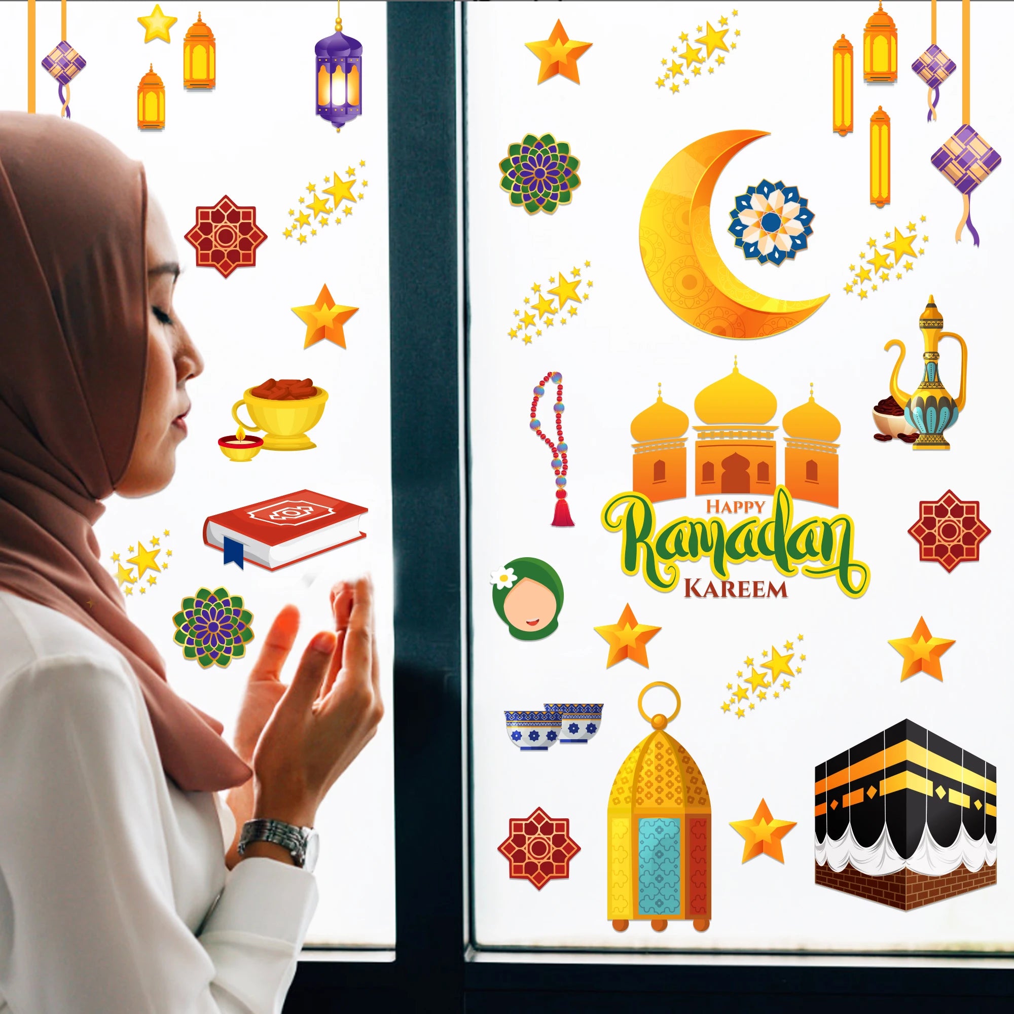 8 Sheets Eid Ramadan Party Window Static Stickers Decoration,Glass Clings Party Backdrops Decals For Eid al-Fitr Party Supplies