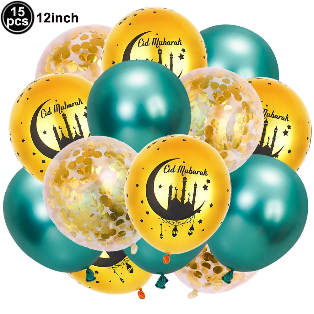 12inch Eid Mubarak Party Decorations Happy Eid al-Fitr Latex Balloons Gold Purple Black Moon Castle Print Confetti Balloons