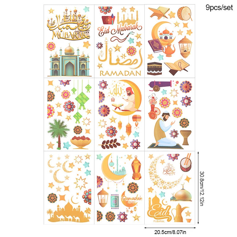 9pcs Eid Mubarak Window Stickers Islamic Muslim Party Supplies Ramadan Kareem Decoration for Home Eid Al-fitr Gifts