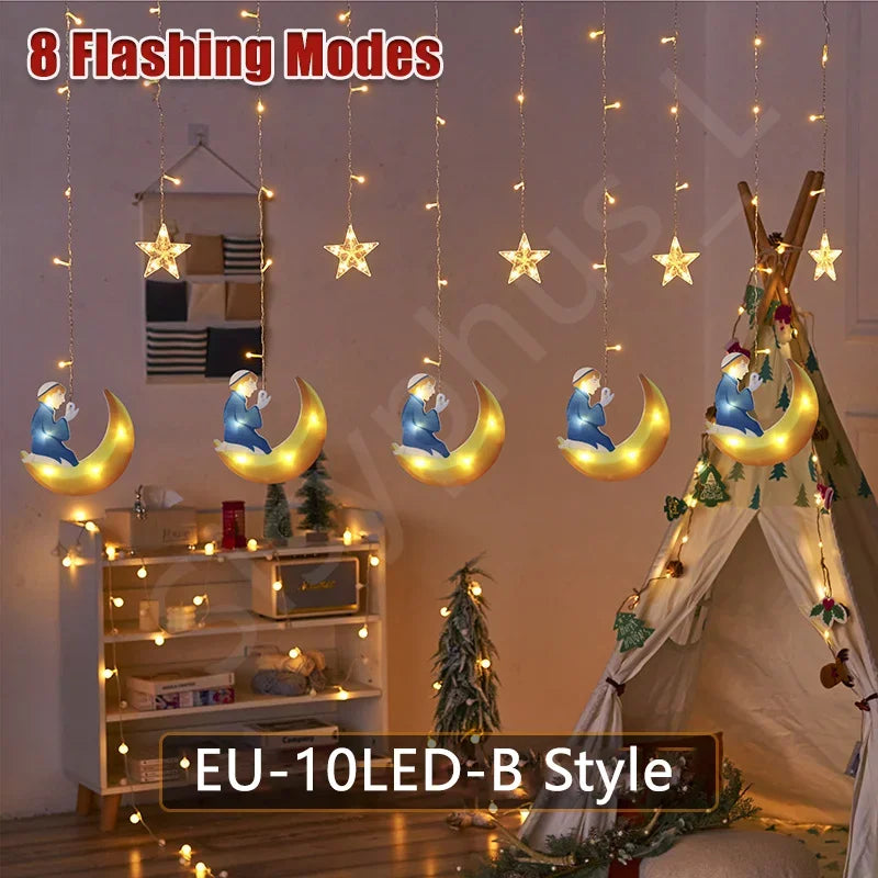 Moon and Star LED Curtain Lights  USB Powered Fairy Lights with 8 Modes and Timer Ramadan Bedroom and Party Decoration