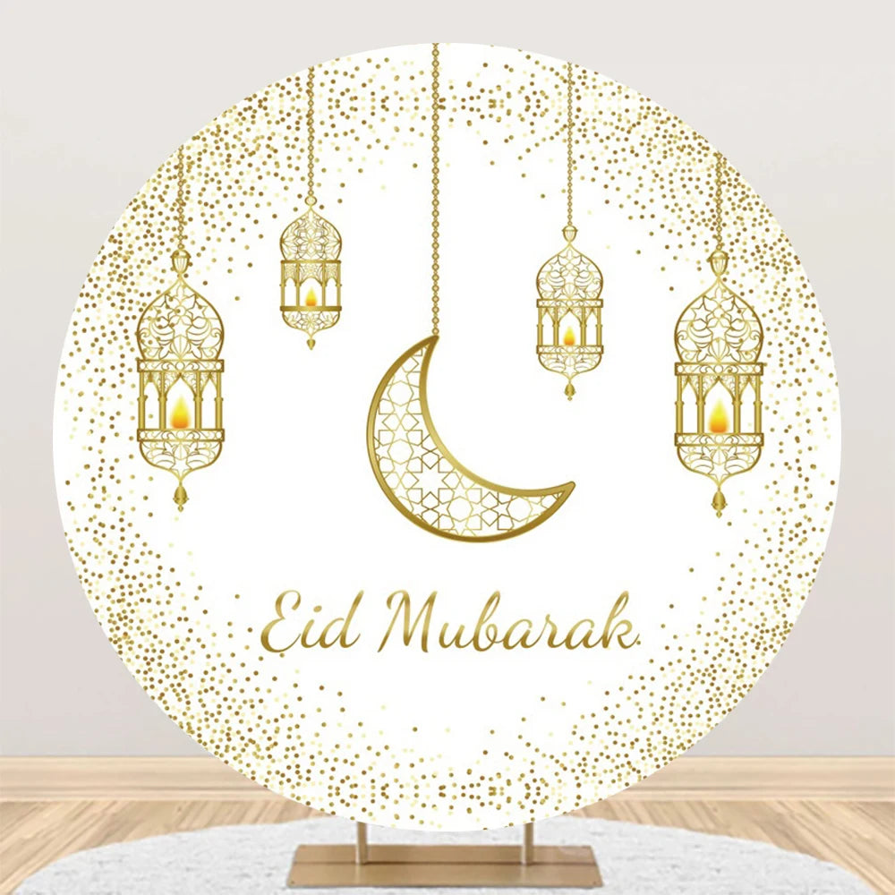 Eid al Fitr Mubarak Round Backdrop Cover Arab Ramadan Karim Golden Moon Star Cloud Lantern Party Decor Banner Photo Stall Props