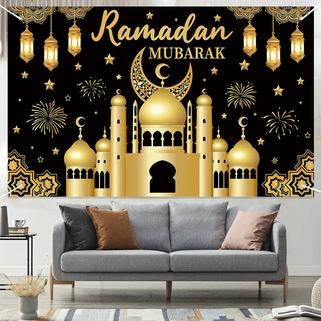 Ramadan Mubarak Backdrop Decoration Eid Background Banner, Kareem Decorative Wall Ramazan Poster, Muslim Black Gold Fabric Sign