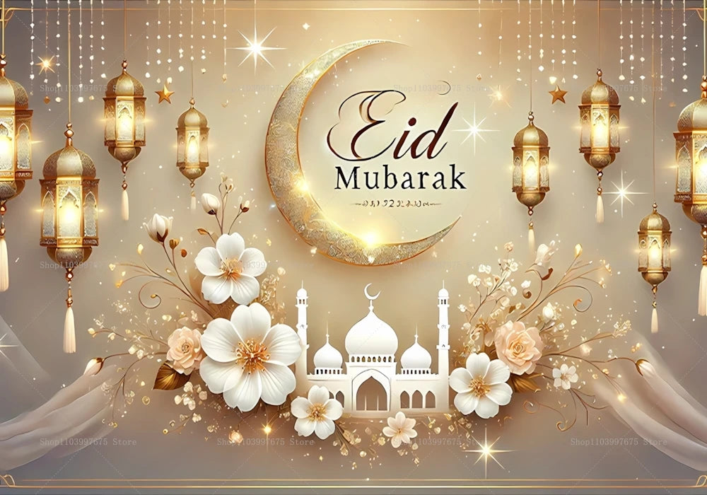 2D Ramadan Golden Crescent Moon Backdrops Eid Mubarak Party Decor Photography Background Banner Studio Photo Booth Props