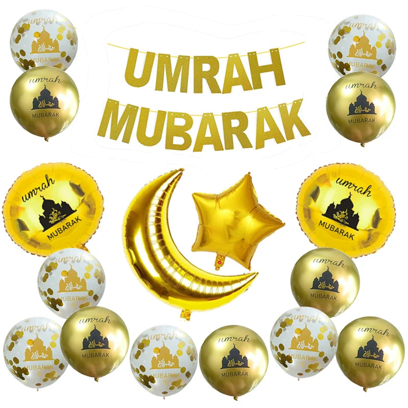 Black Gold Umrah Mubarak Latex Foil Balloon Eid Mubarak Islamic Muslim Ramadan Kareem Festival Party  Eid al Adha Decor Supplies