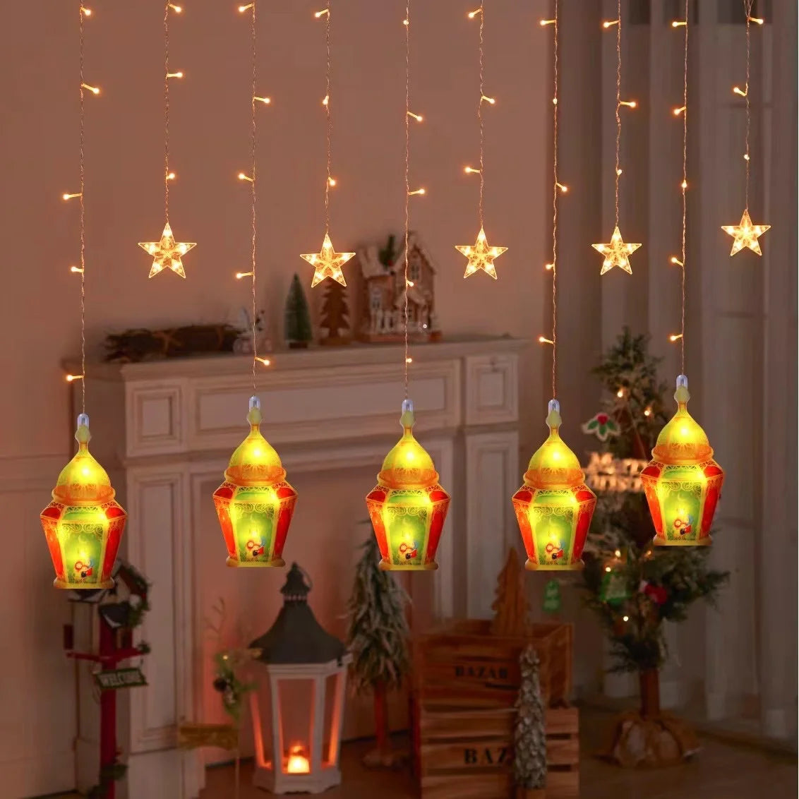 2026 Eid Al-Fitr Mubarak LED String Lights Moon Stars Curtain String Lights Islamic Ramadan Kareem Decoration for Home Garden
