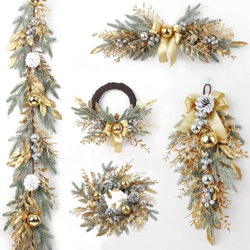 Christmas Wreath For Front Door Artificial Golden Flower Garland Pinecone Rattan Set Hanging Outdoor Christmas Decoration 2024