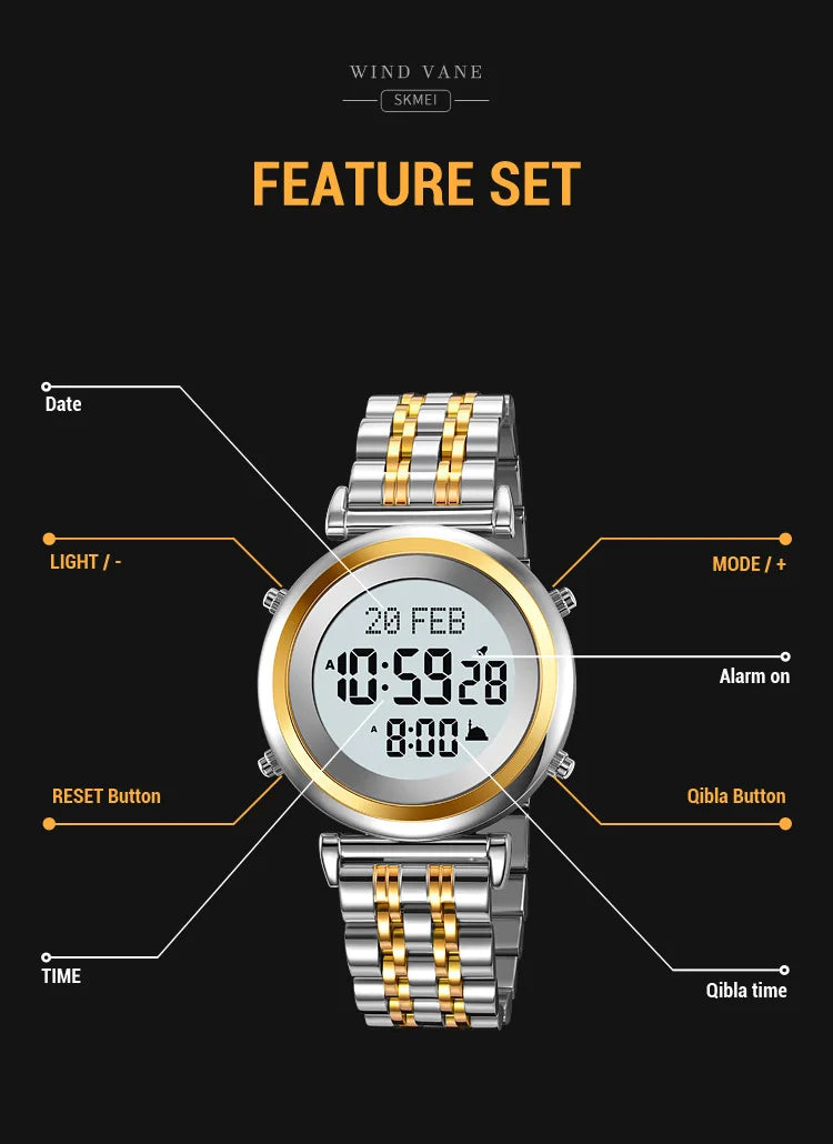 Muslim Azan Digital Watch Mens Back Light Waterproof Steel Hijri Islamic Wristwatch Prayer Qibla Compass Alarm Clock