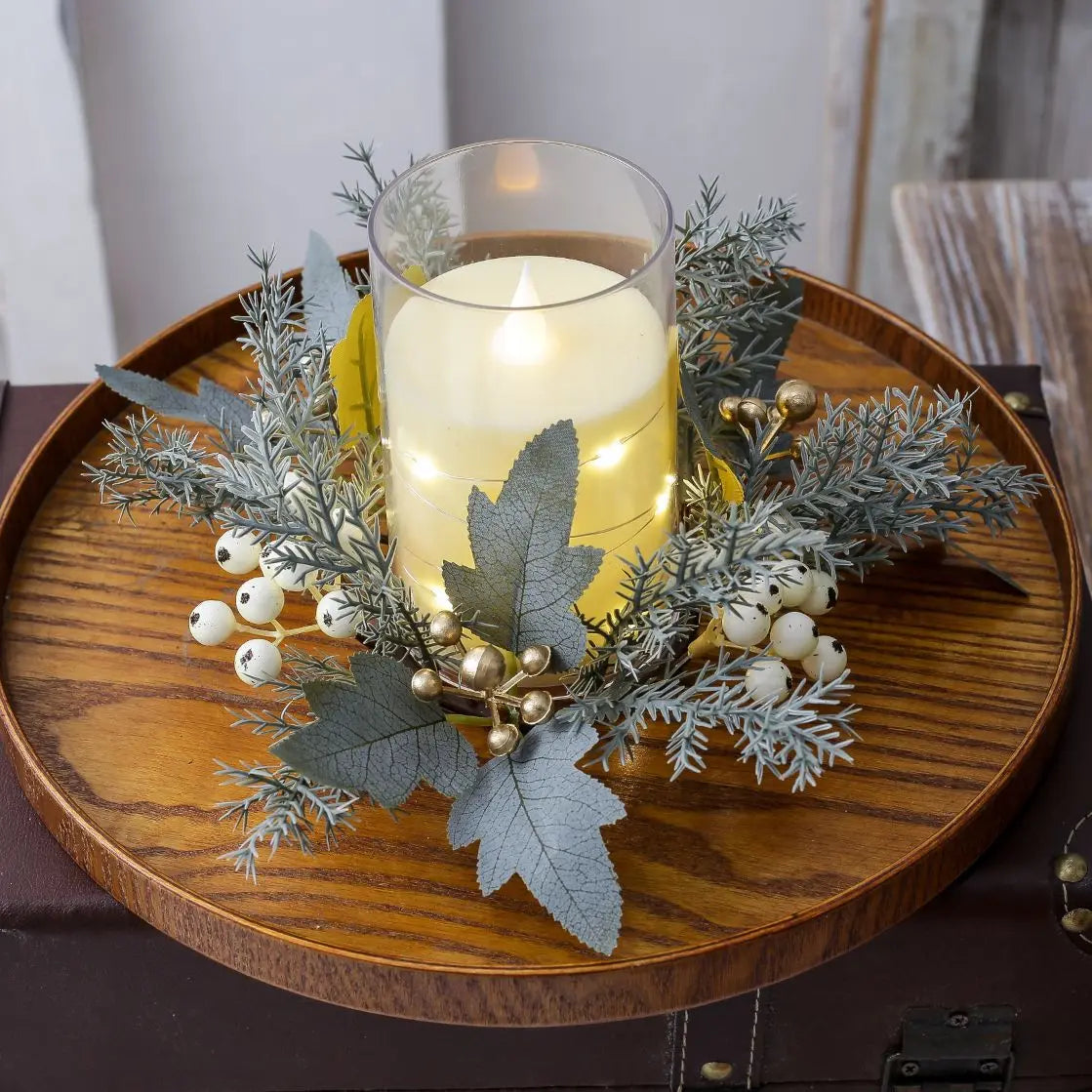 Red Berry Wreath Classic Candle Holder Decorative Ring Festive Pinecone Decoration For Table Decor Holiday Gathering Christmas