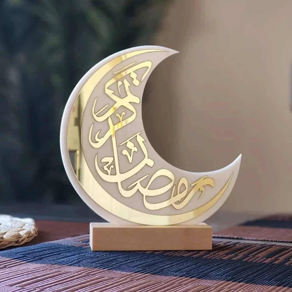 Ramadan Elegant White & Gold Crescent Moon Acrylic Decoration  Eid Calligraphy Moon Table Stand Ramadan Party Home Decorations