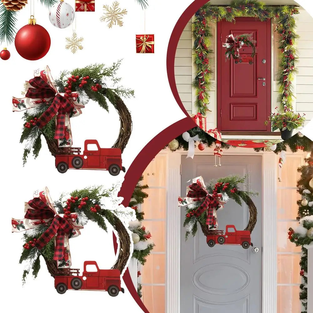 1pcs Farmhouse Christmas Wreath 35x43cm Red Truck Straw Decor Door Hanger For Home Indoor Outdoor Holiday Christmas Decoration