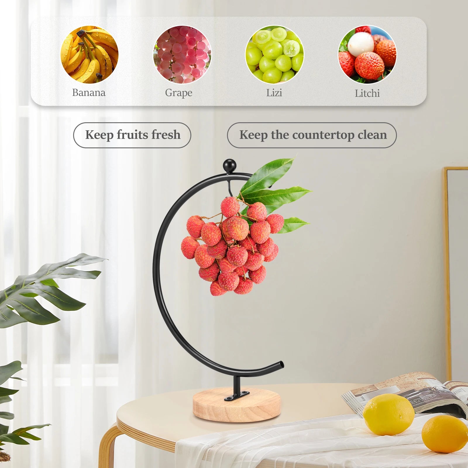 Banana Holder Stand Moon Shape Banana Hanger Rack Metal Fruit Hanger with Wood Base Stable Banana Hanger Stand Decorative