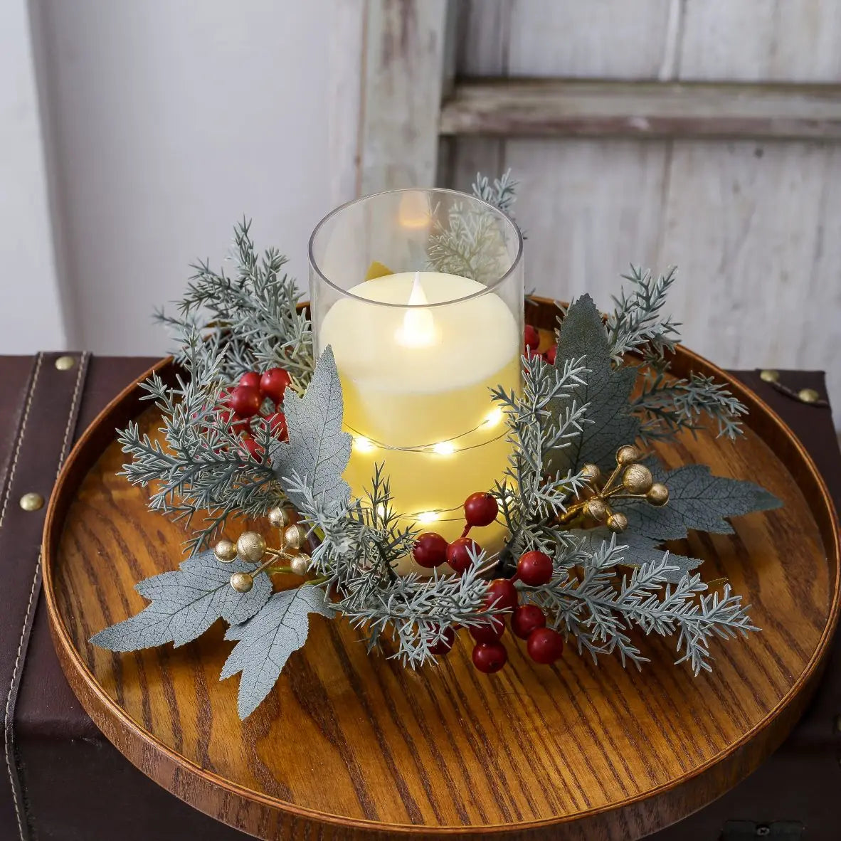 Red Berry Wreath Classic Candle Holder Decorative Ring Festive Pinecone Decoration For Table Decor Holiday Gathering Christmas