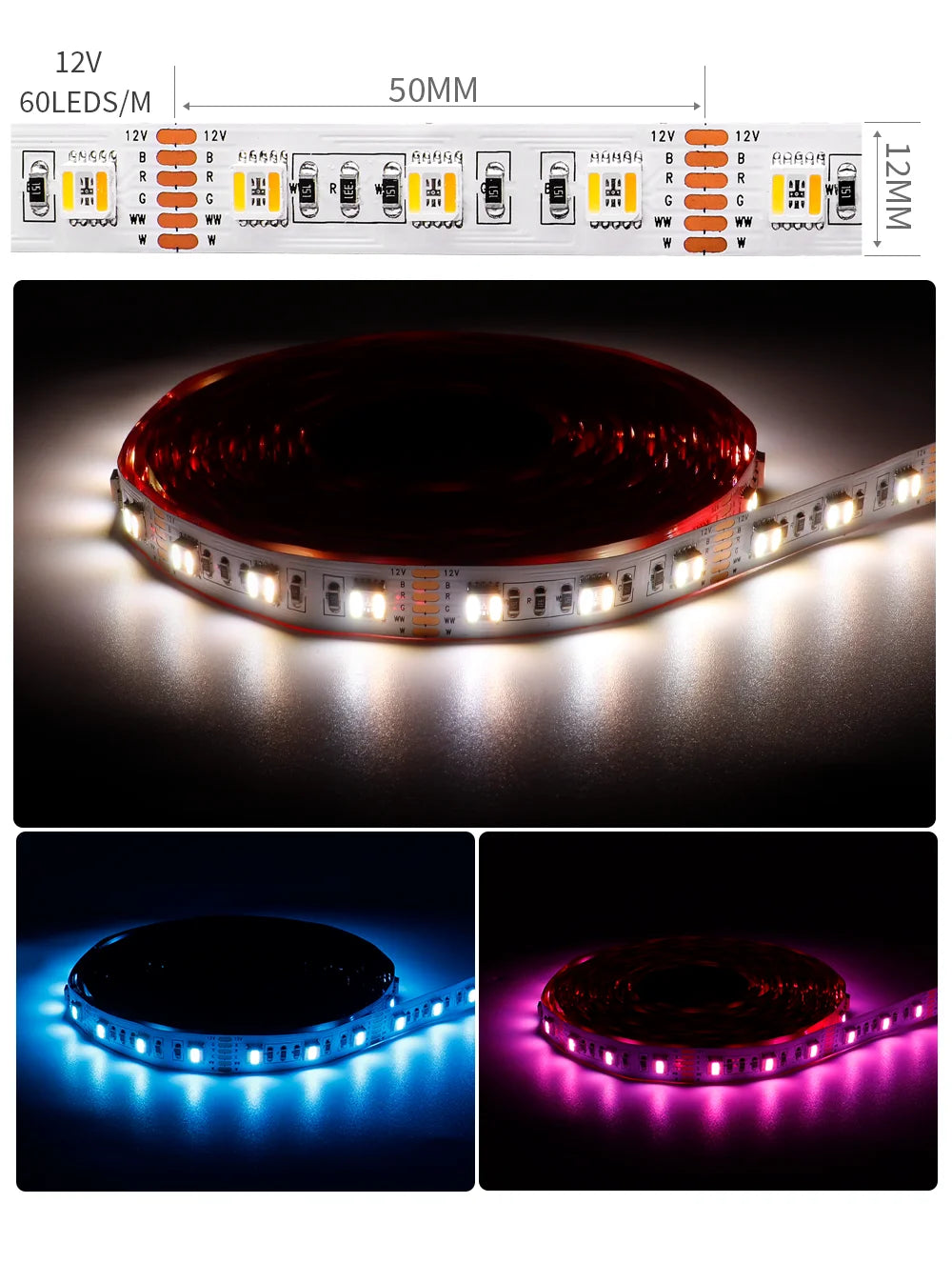5m 5050 SMD RGBCCT 5 IN 1 LED Strip Light 60/96Leds/m RGB+CW/WW RGBWC Color Temperature High Brightness Lamp Tape DC12V/24V