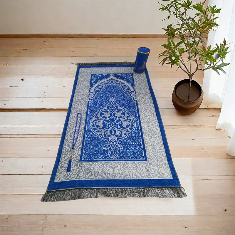 Prayer Mat Set with prayer beads and Cylinder Gift Box Portable Travel Prayer Rug Worship Blanket Ramadan Islamic Muslim Gift