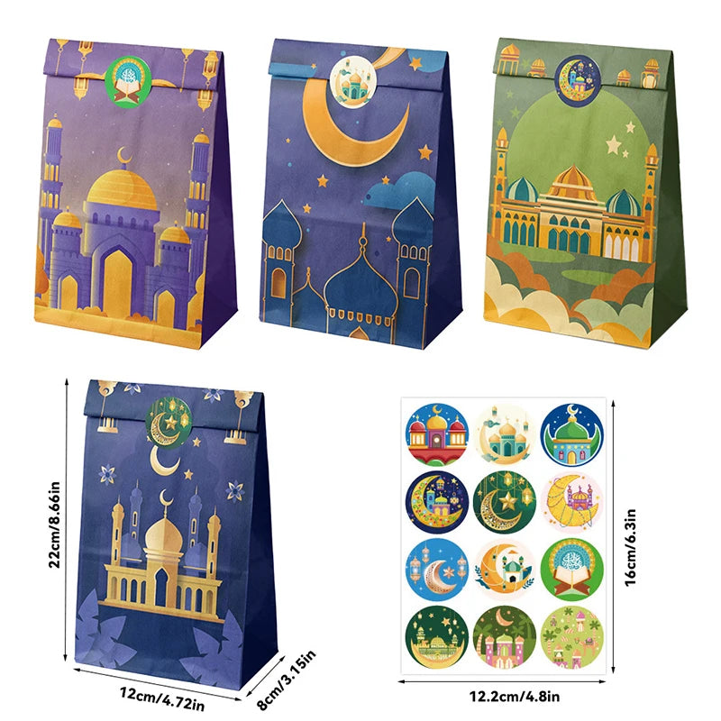 12/24Pcs Ramadan Party Decoration Eid Mubarak Gifts Bag with Stickers Gift Packaging Bags 2026 Islamic Muslim Party Supplies