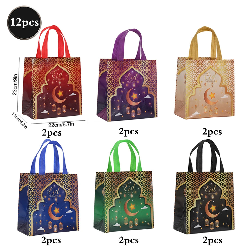 Eid Mubarak Non-Woven Gift Bags with Handles Ramadan Kareem Party Favor Bags for Treats Dates Mosque Pattern Colorful Goodie Bag
