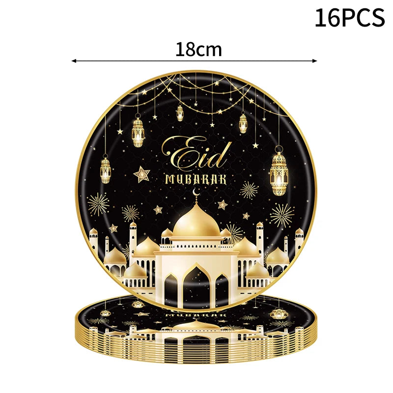 Eid Mubarak Party Tableware Set Disposable Plates Napkins Banner Tablecloth Ramadan Decorations Islamic Muslim Party Supplies