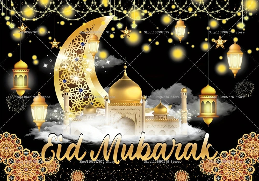 2D Ramadan Golden Crescent Moon Backdrops Eid Mubarak Party Decor Photography Background Banner Studio Photo Booth Props