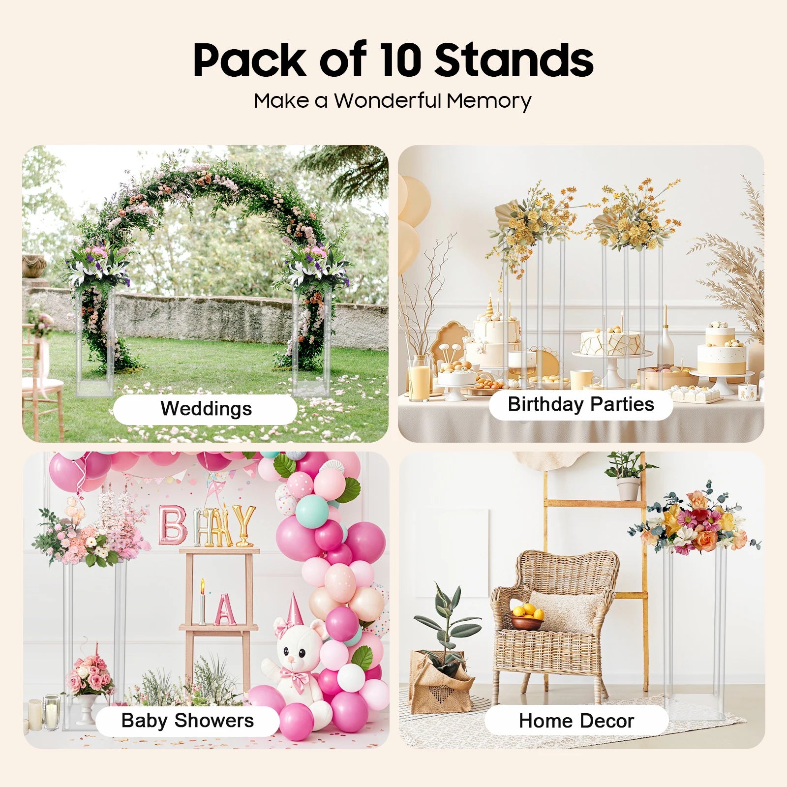 10Pcs Acrylic Vase Wedding Flower Stands Set 60cm Height Clear Column Rack Geometric Display Stand for Home Party Wedding Decor