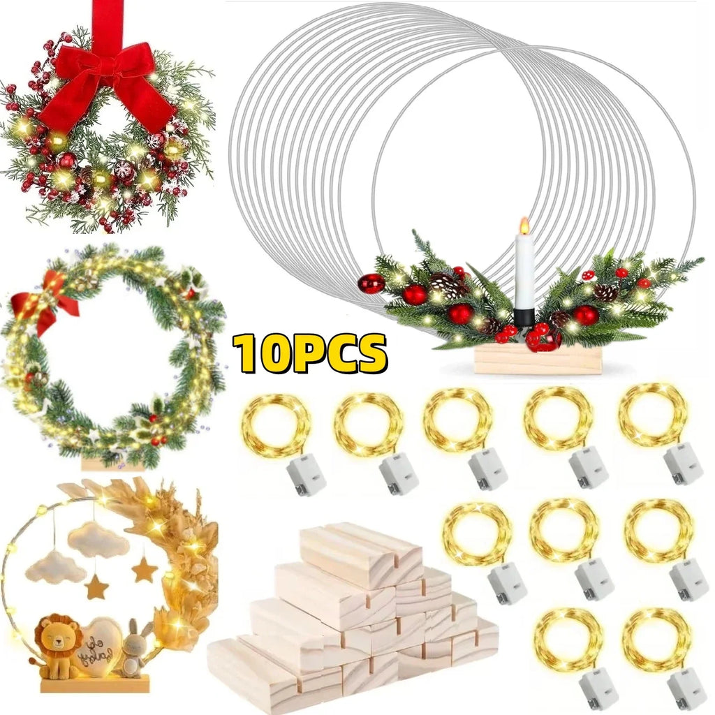 1/5/10PCS DIY Christmas Wreath with LED Lights Stand Party Metal Floral Hoop Centerpiece Table Decor Wedding Dream Catcher Rings
