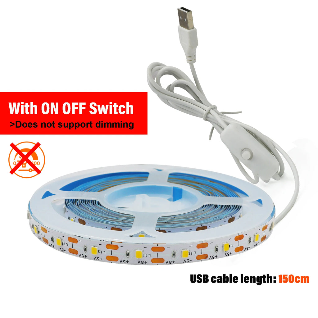 USB LED Strip Light DC5V 2835 With Dimmer/ON OFF Switch Warm Cool White Red Blue Green Pink Led Ribbon Ceiling Cabinet Light