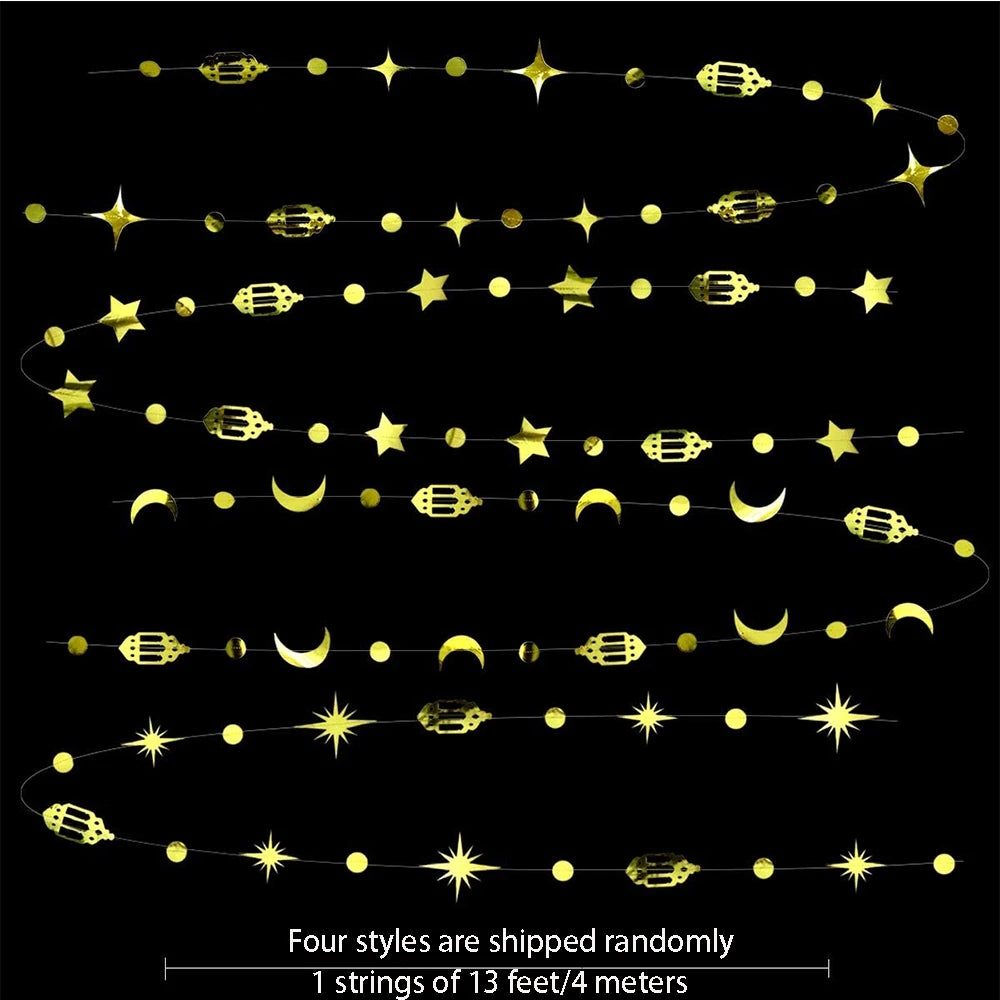 Gold Eid Mubarak Ramadan Decor Paper Star Moon Circle Dot Crescent Lamp Garland for Home Muslim Party Backdrop Banner Decoration