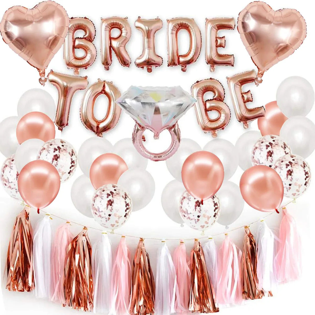 41 Pcs Rose gold Bride to be Balloon Tassel Diamond ring and heart  decoration set Ladies' Singles  Pre marital bachelor party