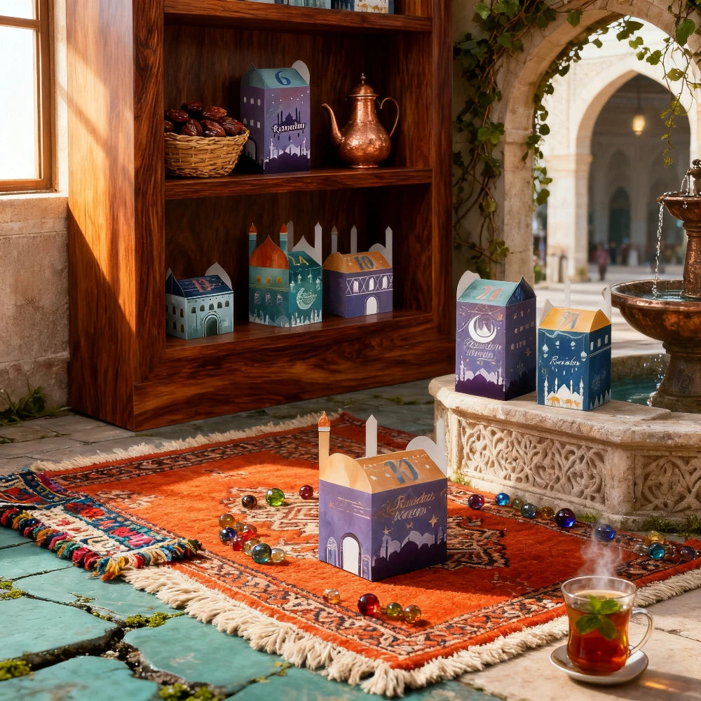 30-piece Ramadan "Exotic Countdown Gift Box"! Mosque Night Scene Design, Colourful and Unique Shapes, Printing Ramadan Dates,