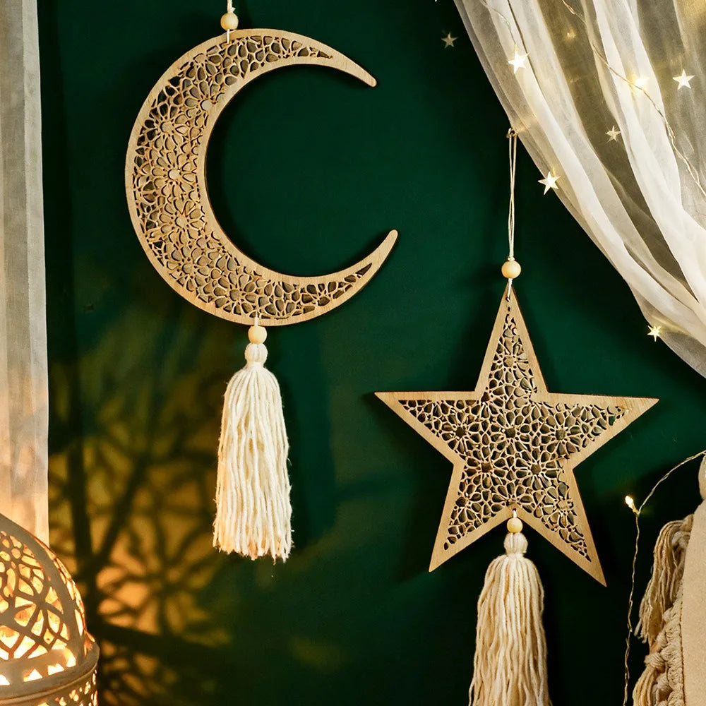 Ramadan Wooden Hanging Ornaments Moon and Star Hollow Mesh Wall Decor Islamic Eid Mubarak Muslim Decor?Ramadan Kareem Gift