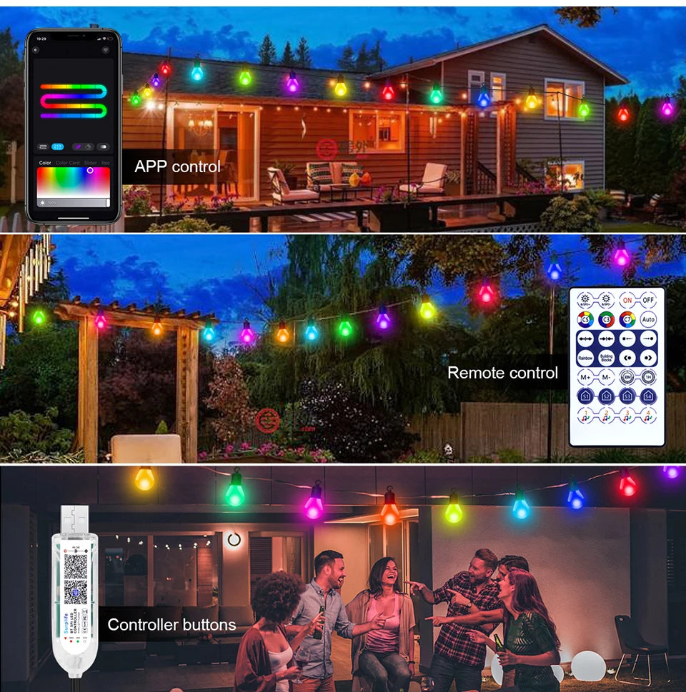Smart WIFI and Bluetooth G40 LED Bulb String 15M/30M USB Festoon Fairy Lights Room Outdoor Garden Camping Decor Garland Light