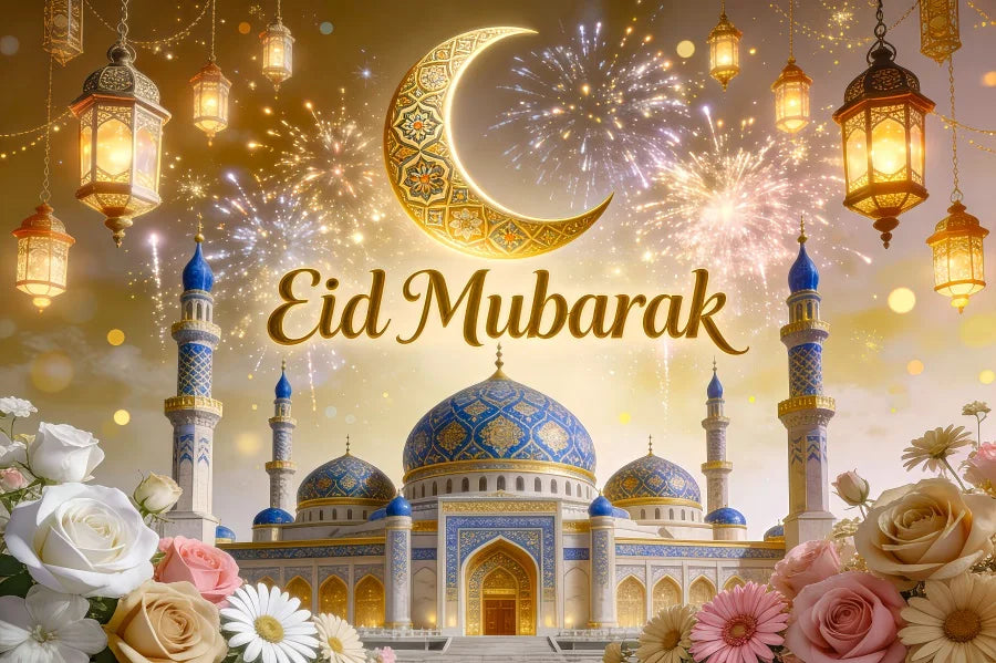 Eid Mubarak Hari Raya Theme Backdrop Islamic Architecture Crescent Moon Gold Decor For Festival Celebration Photo Booth Gift Pos