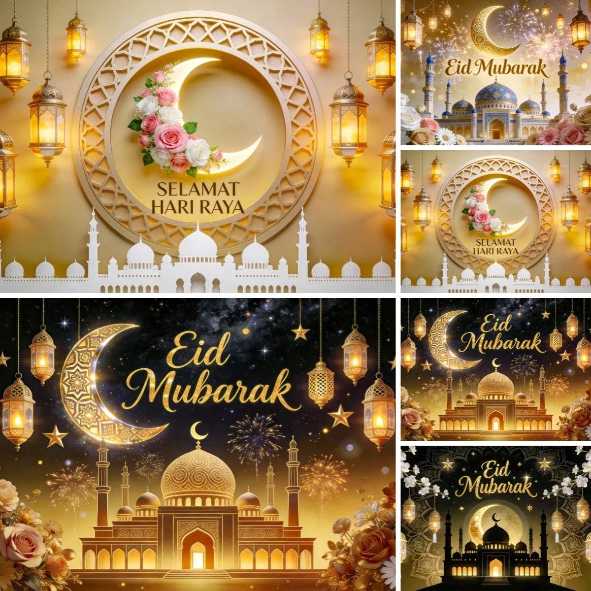 Eid Mubarak Hari Raya Theme Backdrop Islamic Architecture Crescent Moon Gold Decor For Festival Celebration Photo Booth Gift Pos